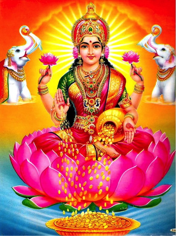 金貨を流し出すラクシュミー女神。ラクシュミーの象徴である蓮は、泥水の中でも綺麗な華を咲かせます。これは、世俗に染まることなく、富を満喫する姿を意味します。