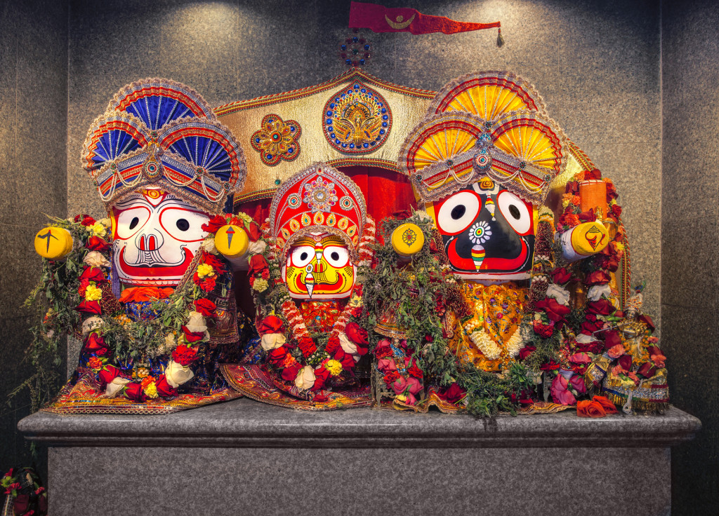 Jagannath idol with his elder brother Balabhadra and sister Subhadra, in Hindu Temple. Jagannath, believed to be an avatar of Lord Vishnu, is the Lord of Puri, the coastal town of Orissa in eastern India. The icon of Jagannath is a carved and decorated wooden stump with large round eyes and with stumps as hands, with the conspicuous absence of legs.