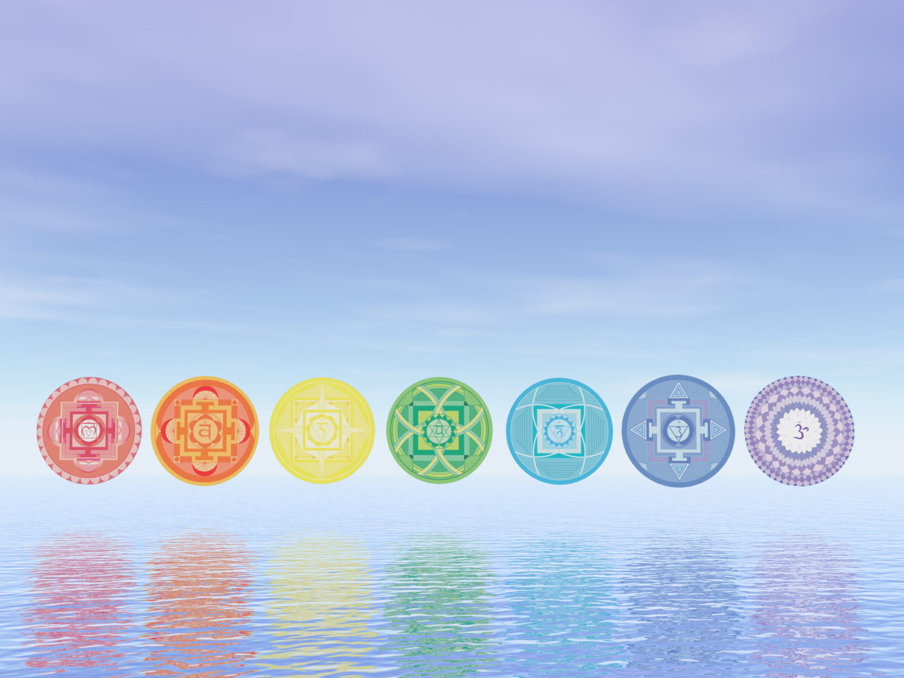 Seven chakra symbols line upon water in blue background - 3D render